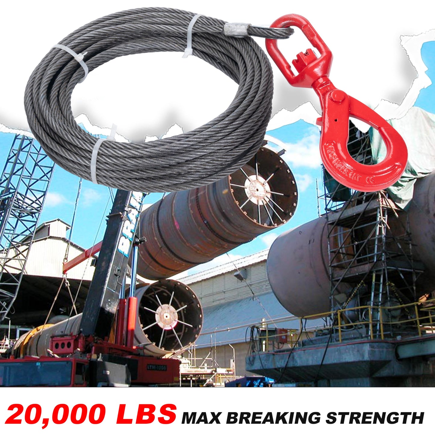 SajoSolid Steel Winch Cable, 1/2 Inch x 75 Feet Heavy Duty Towing Cable for Off-Road Recovery, Truck & Jeep, Durable Steel Wire Rope with Self-Locking Hook, High Tensile