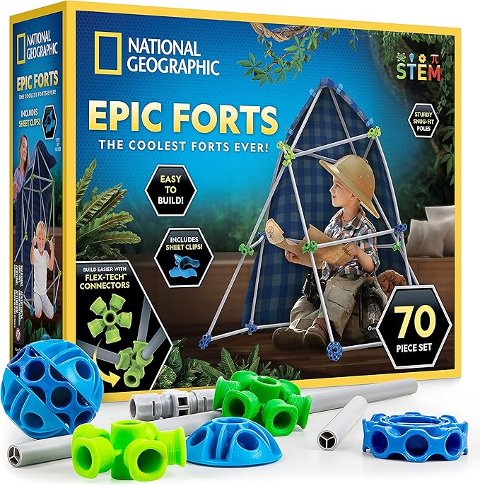 NATIONAL GEOGRAPHIC Kids Fort Building Kit - 70-Piece Indoor Fort Builder - Creative Play STEM Building Toy Building Kit for Kids 6-10 Blanket Fort Kit