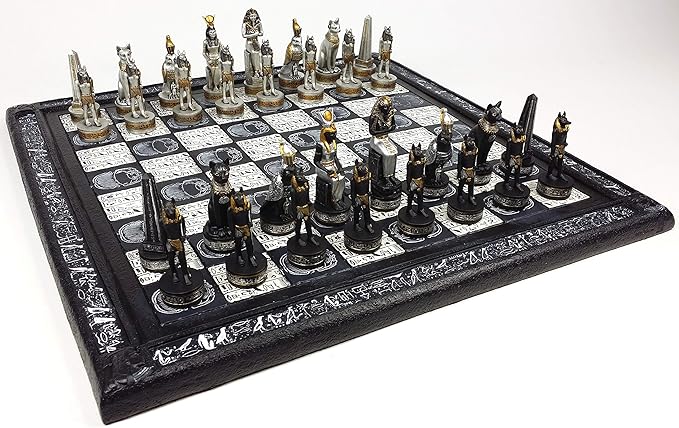 Egyptian Anubis Chess Set Black Silver and Gold Men with 16 Hieroglyphic Board