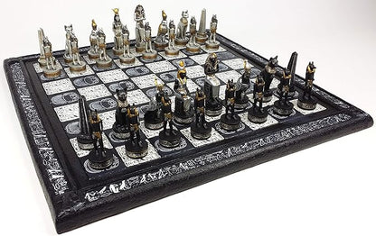 Egyptian Anubis Chess Set Black Silver and Gold Men with 16 Hieroglyphic Board
