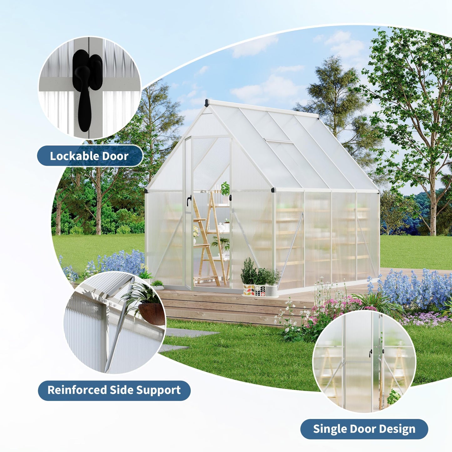 6x7 FT Heavy Duty Aluminum Polycarbonate Greenhouse – Large Walk-in Structure, Quick Setup, Roof Vent, Lockable Door, Rain Gutter – Ideal for Patio, Backyard, Garden – Silver