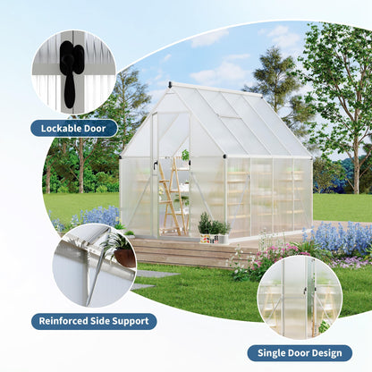 6x7 FT Heavy Duty Aluminum Polycarbonate Greenhouse – Large Walk-in Structure, Quick Setup, Roof Vent, Lockable Door, Rain Gutter – Ideal for Patio, Backyard, Garden – Silver
