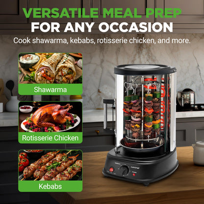 NutriChef Countertop Vertical Rotating Oven - Rotisserie Shawarma Machine, Kebob Machine, Stain & Heat Resistant Door & Energy Efficient, Includes Kebob Rack with 7 Skewers (PKRTVG34)
