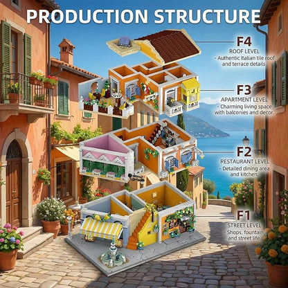 Italian Street View Building Blocks Set - 3-Story Pizza Shop &amp Lemon Store Modular Bricks with Fountain &amp Balcony Details 4017 Pieces for Adults &amp Teens Collectible Architecture Model Ki