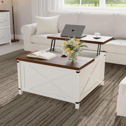 GarveeHome Hydraulic Lift Top Coffee Table with Hidden Storage, Farmhouse Industrial Style Accent Table, Sturdy Wood & Metal Construction, Safe Lift Mechanism, for Living Room Office