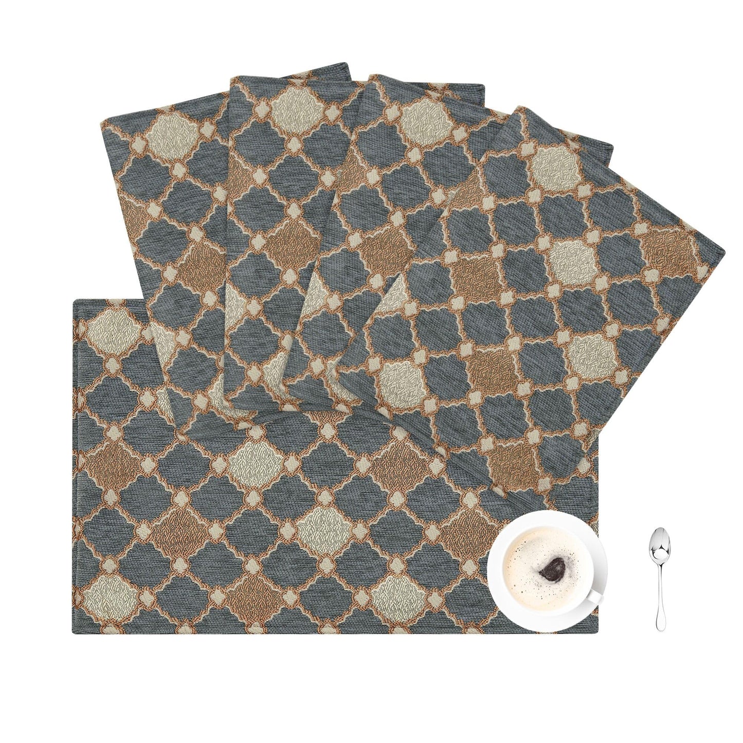 Loom and Mill Elegant Chenille Placemats Set of 4, Chic Checkered Pattern Jacquard Table Place Mats for Dining Table Kitchen Decor, Double Layer Dining Table Mats (Blue-Grey+Khaki+Beige, 12x18 inch)
