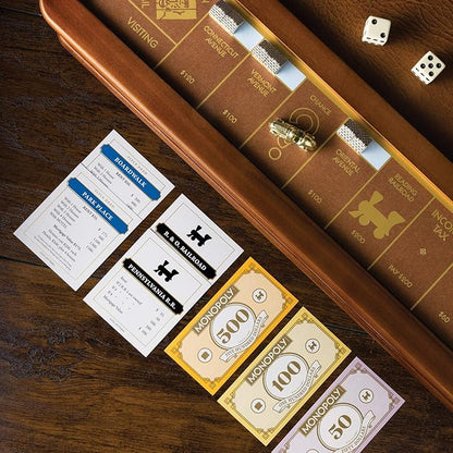 Monopoly Luxury Edition by WS Game Company Burl Wood Cabinet with Gold Foil Stamped Game Board Faux Leather Rolling Area and 2 Storage Drawers Premium Board Games for 2-6 Players