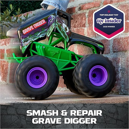 Monster Jam Official Smash &amp Bash Grave Digger Remote Control Indoor &amp Outdoor Vehicle 1:15 Scale Repairable Monster Truck Kids Toys for Boy and Girls Ages 4 and up