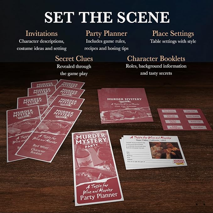 Murder Mystery Party A Taste for Wine &amp Murder – Murder Mystery Dinner Party Game for Adults – Interactive Crime Solving Role Play Game Night Kit with Invitations &amp Clues – Ages 16+