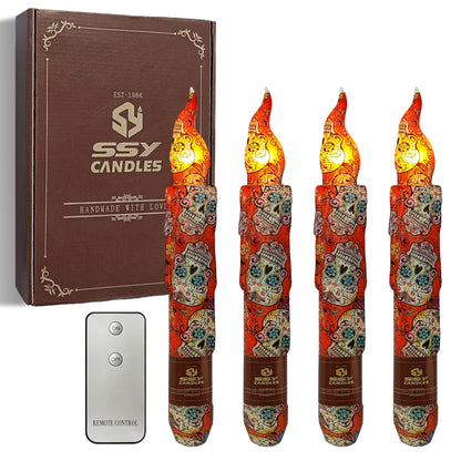 FCMSHAMD Day of The Dead Style Skull Flameless Short Taper Candles, Drip LED Battery Operated with Remote, Flickering Flame Lights for Home Décor, 6.7 Inch Primitive Flameless Print Candles, 4PCS