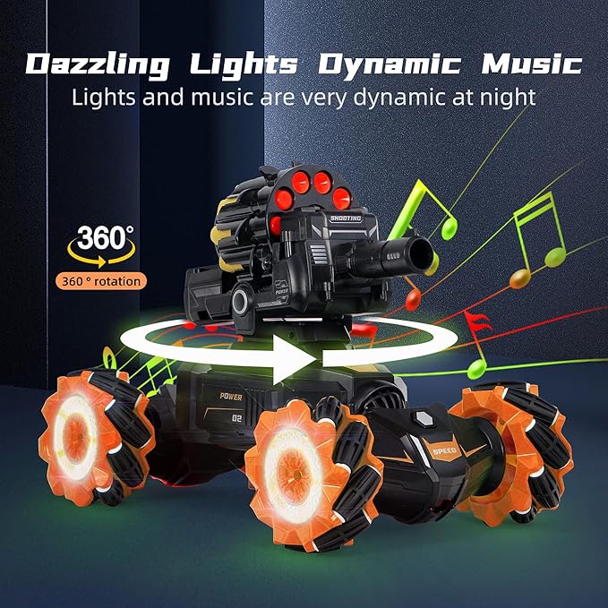 Rc Car Shoot SoftBulletFits for Nerf Remote Control Hand Gesture Stunt Drift Truck 360°Rotating Battle Tanks with Soft Bullets Water Bomb Spray Music Led Toy Gifts（Orange）