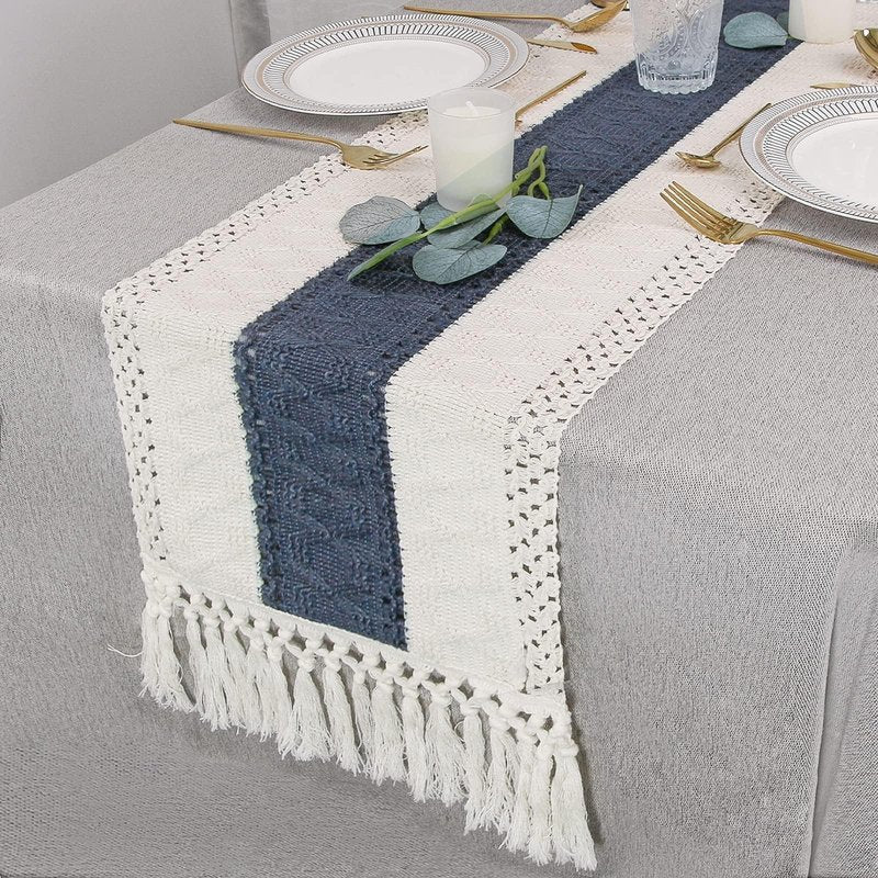 FEXIA Boho Blue Table Runner 72 Inches Long with Tassels Macrame Farmhouse Style Party Rustic Wedding Baby Bridal Shower Dining Decor (12x72 Inches)