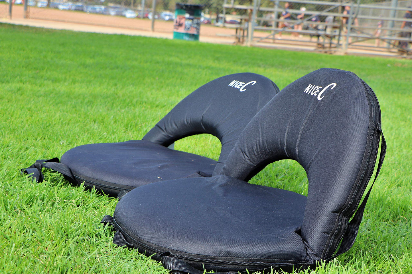 Nice C Stadium Seats, Floor Chairs, Bleacher Chairs, 10-Posisition Reclining Waterproof Cushion, Ultralight, Foldable, Extra Thick Padding, with Shoulder Strap & Net Pocket (Set of 1 Black)