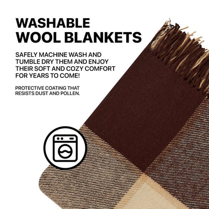 Cozy Blankets - New Zealand Virgin Wool Throw Blanket, Indoor and Outdoor Blankets and Throws, Comfortable Soft Blanket with Fringes and Tartan Pattern, 67 x 79 in, Queen Size, Brown