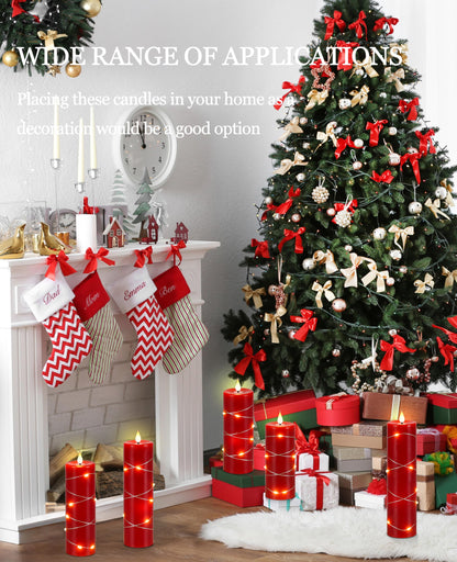 Kiexung Red Flameless Candle Fairy String Light, Water Drop Flame, Advanced LED Flame Simulation with Remote and Timed Candles, 5-Cell Battery Powered，Christmas Candle