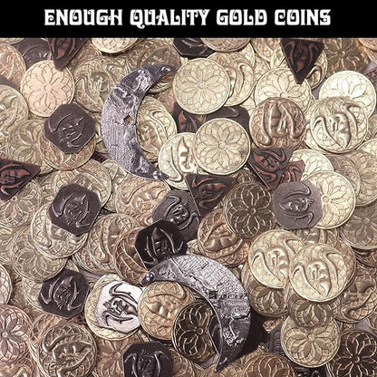 Byhoo 145 PCS Metal DND Coins &amp Leather Bag Contains 60 Gold Coins 40 Sliver Coins 40 Copper Coins and 5 Platinum Coins Tokens with Glow in The Night Eyes Bag for RPG Tablelap Games