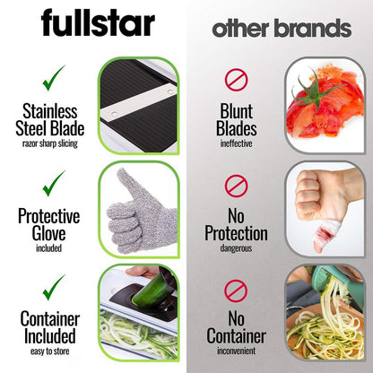 Fullstar Mandoline Slicer for Kitchen, Fruit Cutter, Cheese Grater, Cucumber Slicer, Veggie Spiralizer, Food Cutter & Kitchen Gadgets & Gifts with Safety Glove (11 in 1, Stainless Steel)