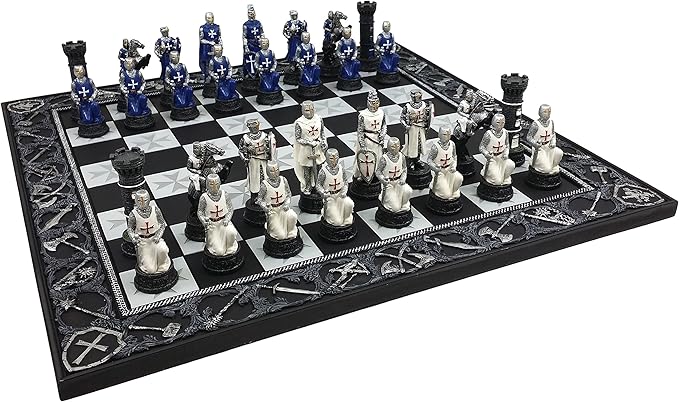 HPL Medieval Times Crusades Blue and White Armored Maltese Knights Chess Set with 17 Board