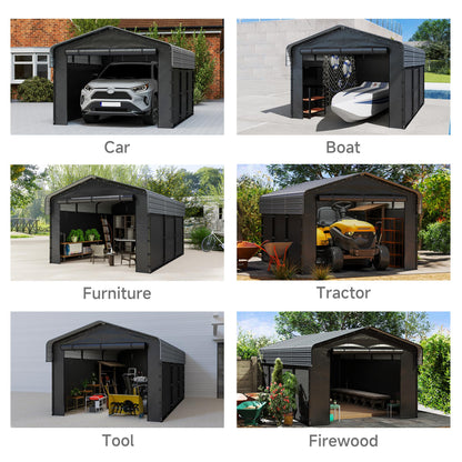 10x15FT Heavy Duty Metal Carport,Outdoor Garage with Removable Sidewalls & Doors, Heavy Duty Steel Frame and Galvanized Roof for Cars and Boats, Gray