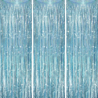 Voircoloria 3 Pack 3.3 x 8.2 ft Laser Blue Foil Fringe Backdrop Curtains, Tinsel Streamers Party Decorations, Fringe Backdrop