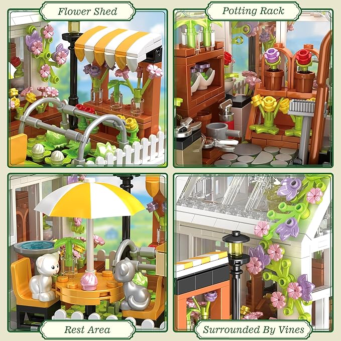 Flower House Building Block for Adults Garden Architecture Building Toy with LED Greenhouse Model Building Set Garden Glass House Building Kit Christmas &amp Ideal Gift for Kids 12+ (1188pcs)