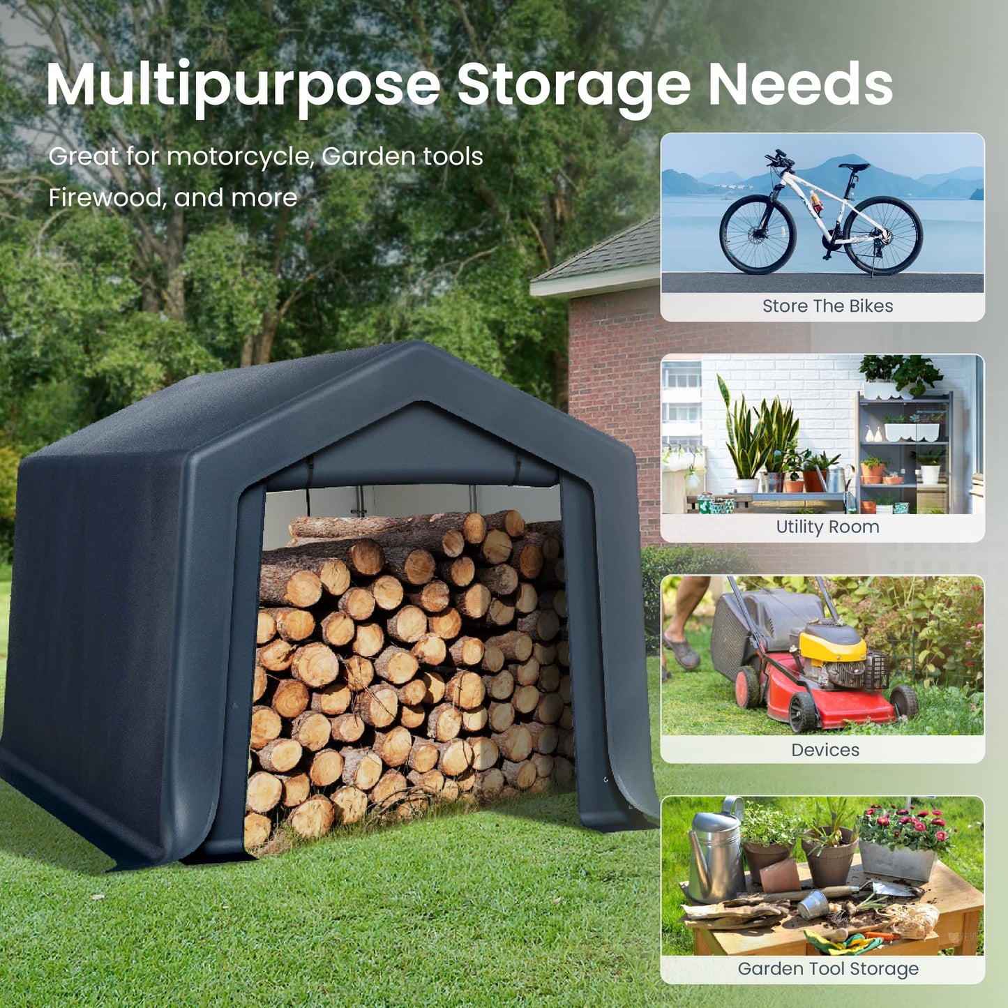 PHI VILLA 8x12ft Storage Shelter Shed, Portable Carports Outdoor Garage Canopy with Roll up Zipper Doors & Vents Waterproof UV Resistant Garages Tent for Cars,Boats,Tools, Motorcycle, Gray