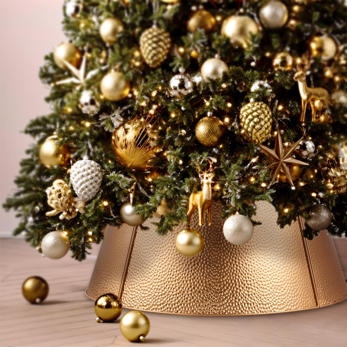 Christmas Tree Collar and Skirt Set - 23" Festive Holiday Decor with Gold Metal Tree Collar Base Stand - Ideal for Real or Artificial Trees - Christmas Skirt Tree Basket Decorations Gift Gold1