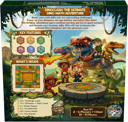 Dr. Quest Dino Clash Educational Math Board Game | Dinosaur-Themed Addition &amp Subtraction Game | Educational Family &amp Homeschool Math Game for Kids Ages 6–10