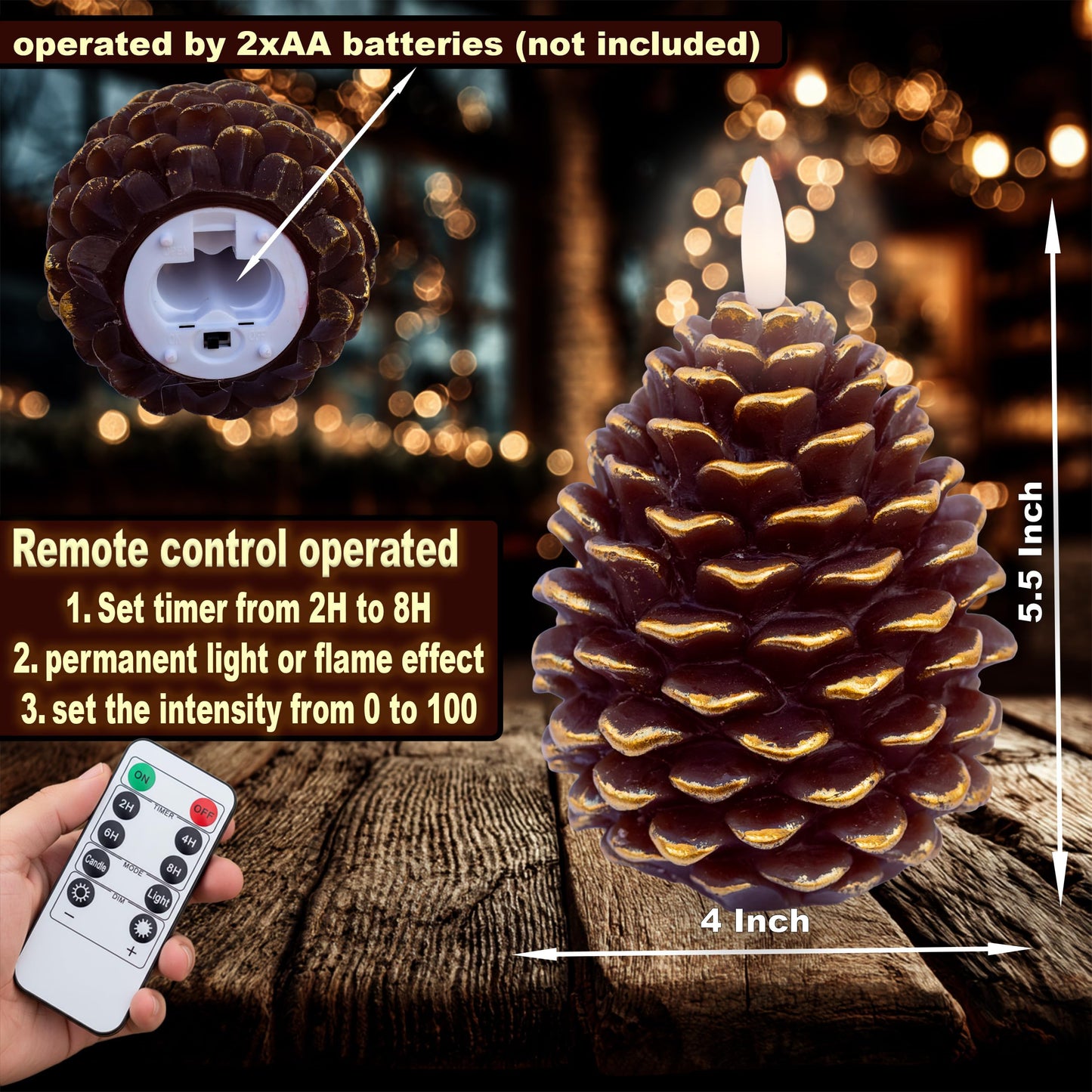 AXYLEX Pine Cone Candles Battery Operated, Pinecones with Remote and Timer, LED Flameless Real Wax Flickering Candle for Christmas Decor. H 5.5 Inch, Pack of 2 (Golden-Brown)