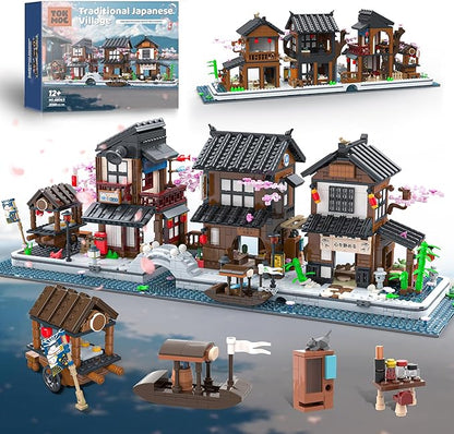 Traditional Japanese Cherry Blossom Village Building Set Sakura Street View Architecture Building Block - Izakaya &amp Tea House Collectible Construction Toy Gift for Adults &amp Anime Fans 2058P