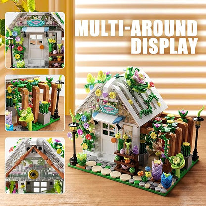 Flower House Building Set with Lights Garden House Building Toy Kits Compatible with Trend Creative Greenhouse Playset Christmas Birthday Gift for Adults or Girls 8-12 Years (719PCS)