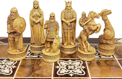 Antique Ivory &amp Brown Norse Viking Chess Set with 17 Burlwood Color Board