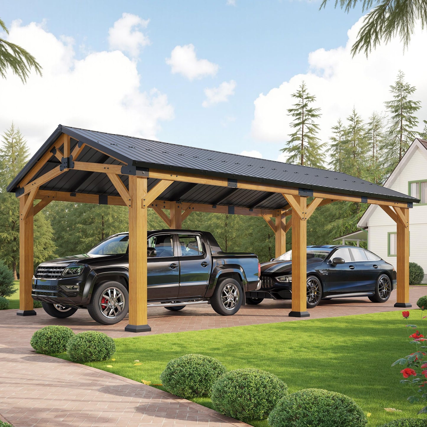 Jocisland 12x24x9.5 FT Cedar Wood Hardtop Carport with Galvanized Steel Roof, Waterproof Outdoor Gazebo Pavilion, Heavy-Duty Snow & Wind Resistant Canopy for Patio, Driveway, Garden