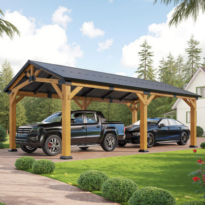 Jocisland 12x24x9.5 FT Cedar Wood Hardtop Carport with Galvanized Steel Roof, Waterproof Outdoor Gazebo Pavilion, Heavy-Duty Snow & Wind Resistant Canopy for Patio, Driveway, Garden