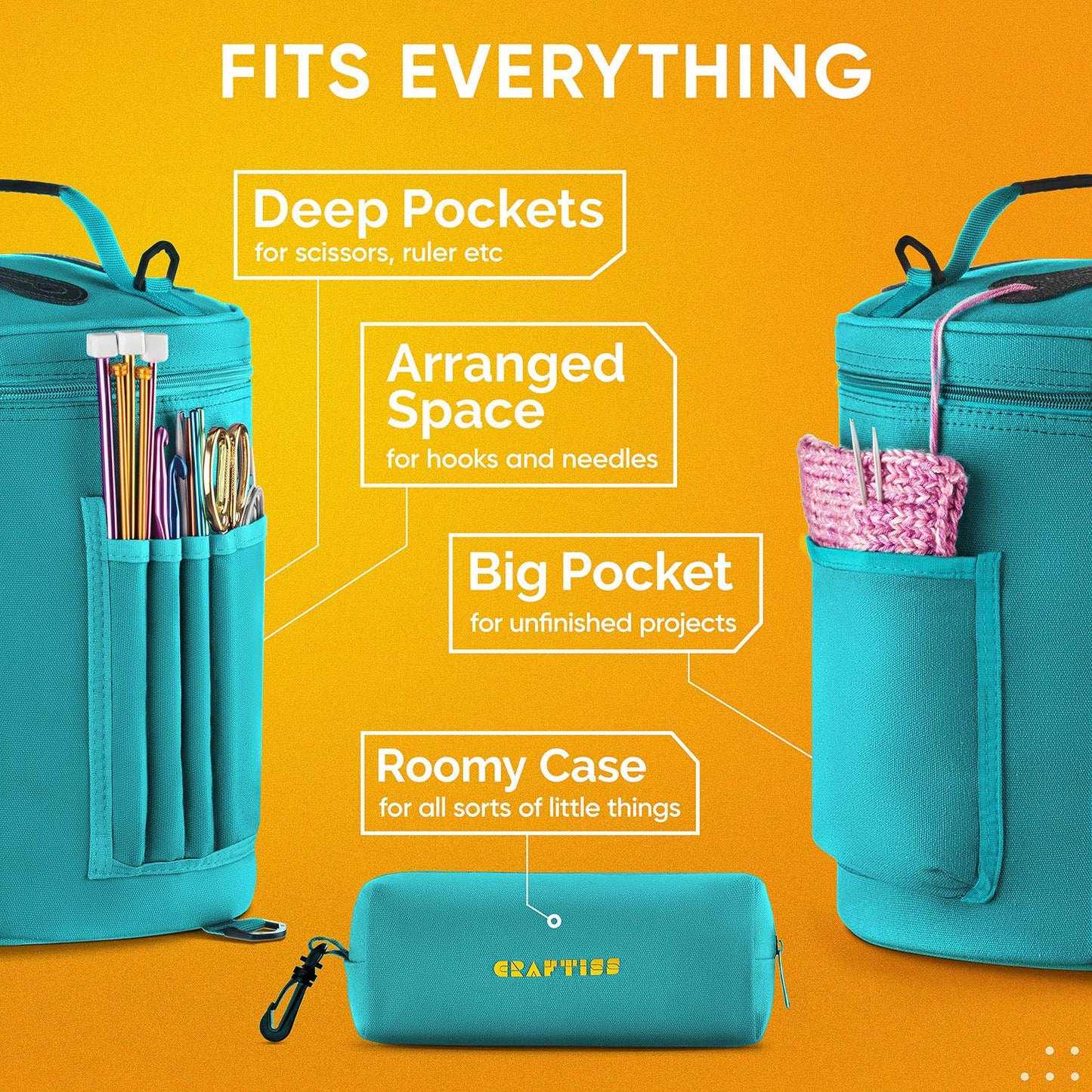 Knitting Bag Yarn Storage - Durable Canvas Yarn Bag - Yarn Organizer Crochet Bag with Knitting Accessories Case