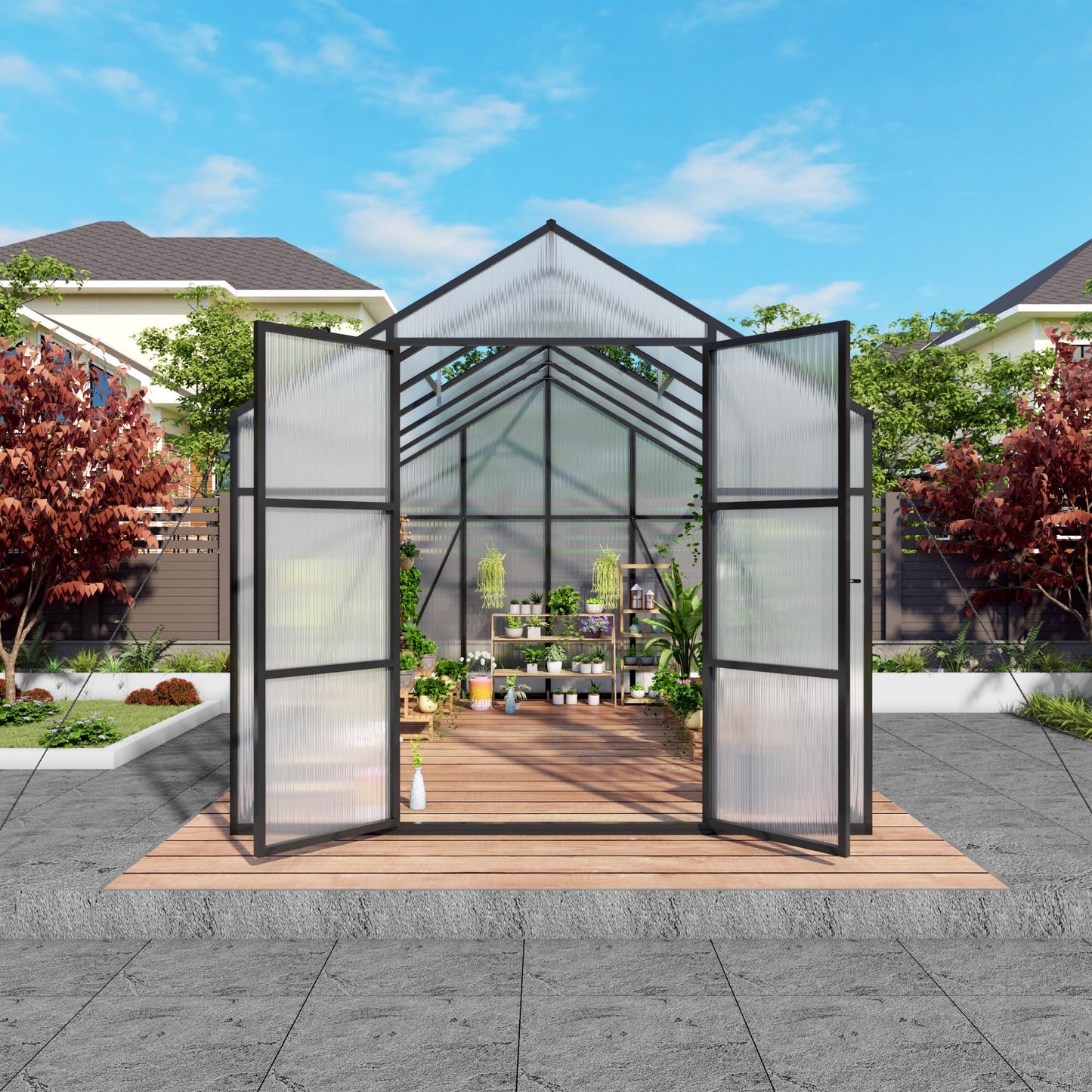YOPTO 8x12T Greenhouse,Outdoor Polycarbonate Greenhouse with Roof Vent & Drainage System,Heavy Duty Aluminum Walk-in Green Houses for Outside Garden Backyard,Easy Assembly,Black