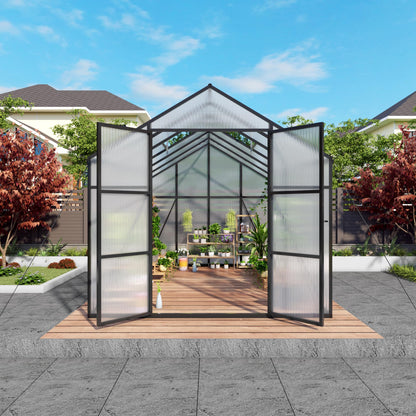 YOPTO 8x12T Greenhouse,Outdoor Polycarbonate Greenhouse with Roof Vent & Drainage System,Heavy Duty Aluminum Walk-in Green Houses for Outside Garden Backyard,Easy Assembly,Black