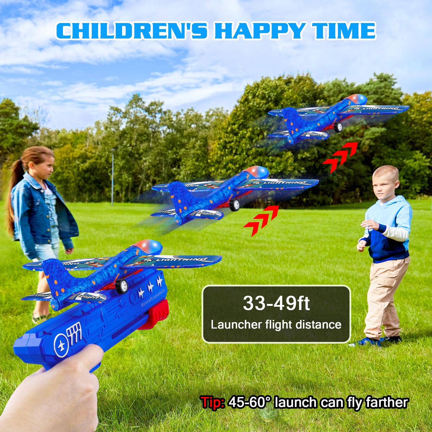 LJZJ 3 Pack Airplane Launcher Toys, 2 Flight Modes LED Foam Glider Catapult Plane, Outdoor Flying Toy for Kids, Birthday Gifts for Boy Girl 6+ Year Old, B-Day Party Supplies