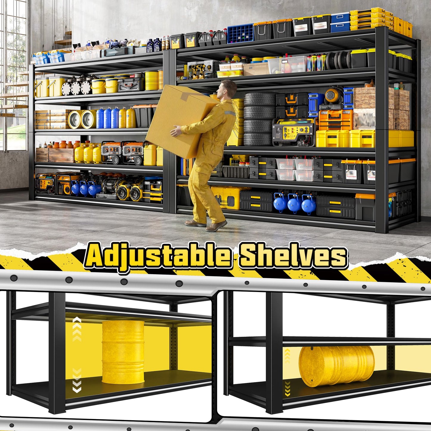 REIBII 48.2" W Garage Shelving, Metal Shelving 3000LBS, Storage Shelves Adjustable Metal Shelf, Industrial 5 Tier Shelves for Basement Pantry Warehouse Supermarket, 72.2" H x 24.2" D x 48.2" W