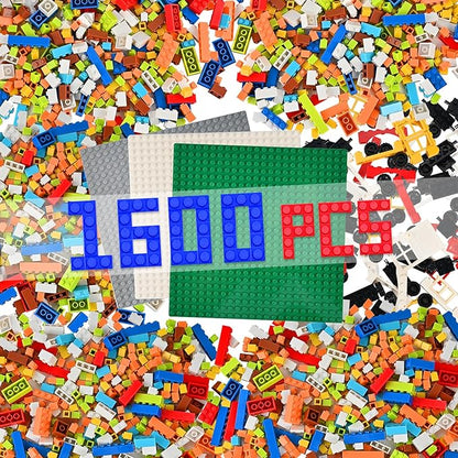 1600 PCS Building Bricks Set Classic Bulk Building Blocks Compatible with All Major Brands Includes 3 Baseplates 53 Wheels Doors Windows Accessories Creative STEM Construction Toy Gift for Kids