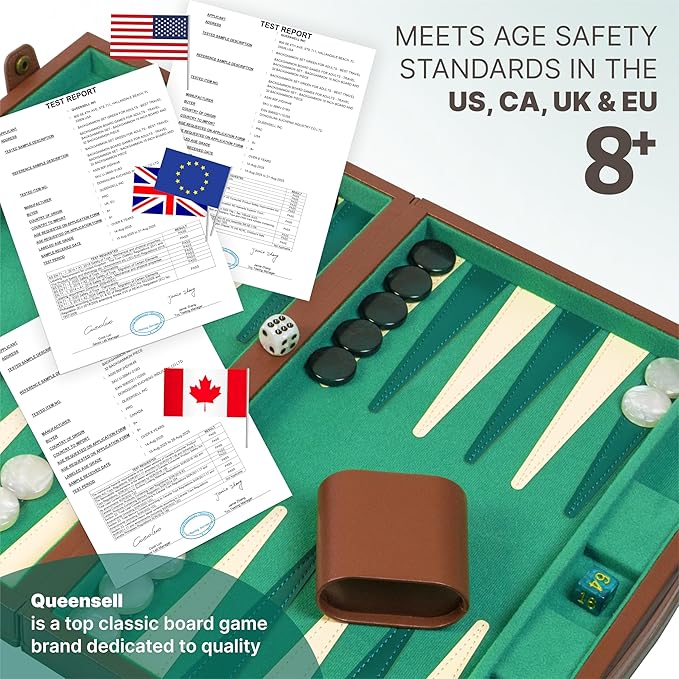 Premium 15 Inch Backgammon Set for Adults – Classic Faux Suede Leather Backgammon Board with 32 Chips Dice Cups &amp Doubling Cube