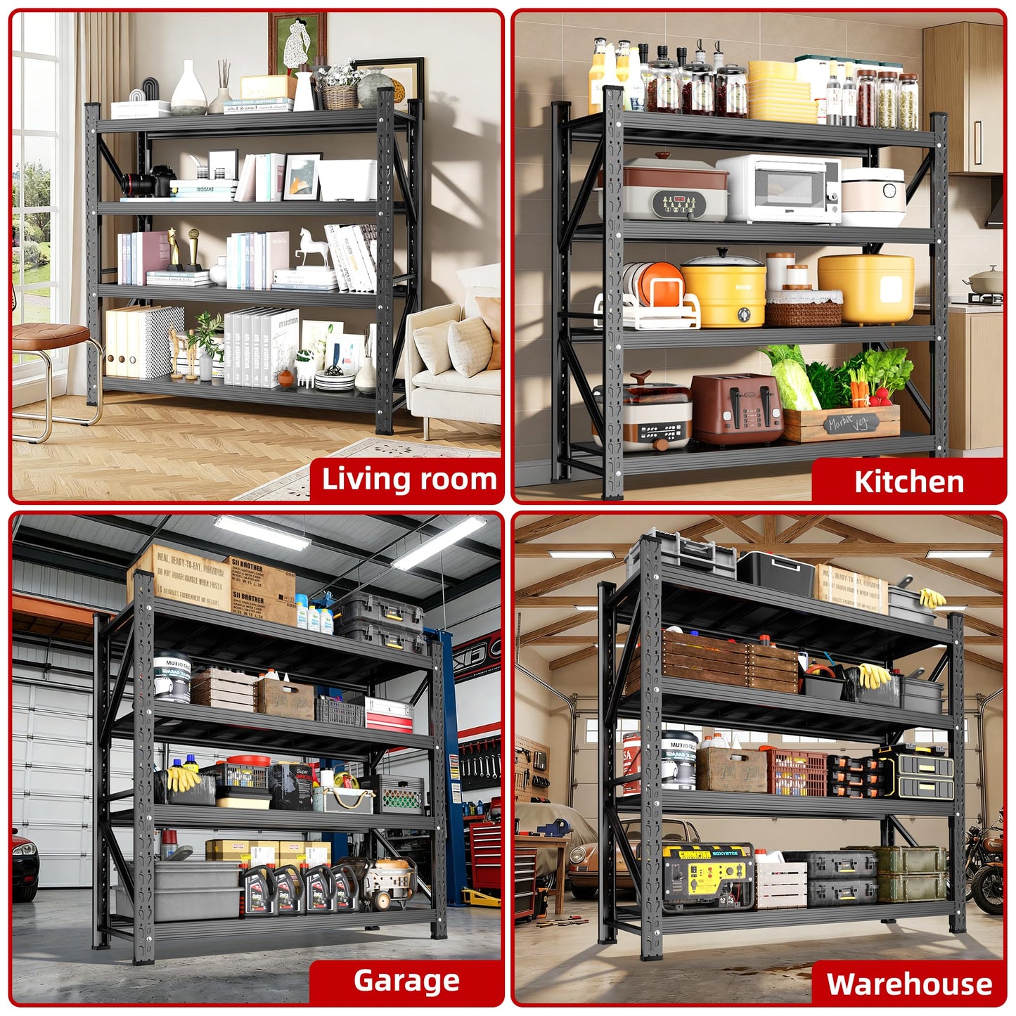 Lionhon Heavy Duty Garage Shelving, 59" W x 23" D x 67" H, 5000 LBS Capacity, 4-Tier Adjustable Metal Storage Shelves, Reinforced Steel Storage Rack for Garage, Warehouse, Basement