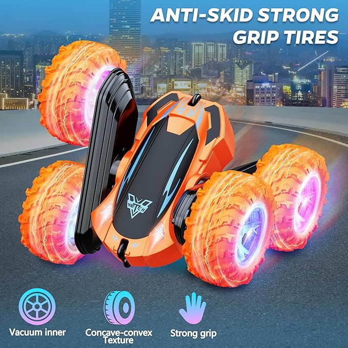 Remote Control Car 2.4GHz Electric Race Stunt Car Double Sided 360° Rolling Rotating Rotation LED Headlights RC 4WD High Speed Off Road Gift for 3 4 5 6 7 8-12 Year Old Boy Toys (Orange)