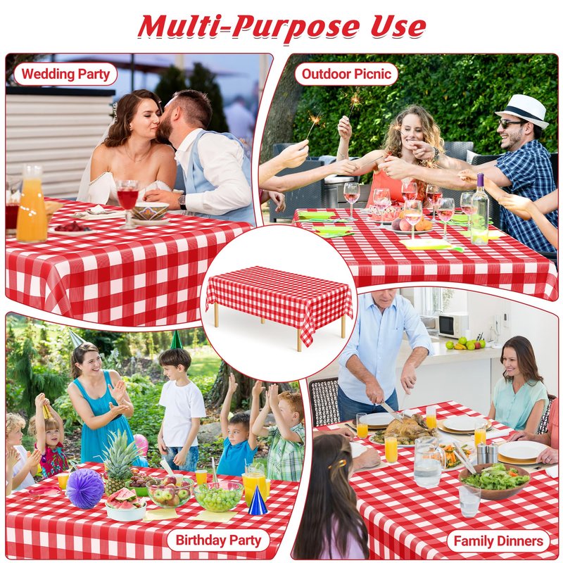4Pack Plastic Table Cloth Ddisposable, 54" x 108" Table Cloth Rectangle Table, Waterproof Red and White Checkered Tablecloth, Outdoor Picnic Table Cover for Birthday Party Gathering Holiday Dinner