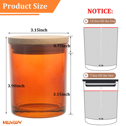 MILIVIXAY 12 Pack 10 OZ Amber Thick Glass Candle Jars with Lids - Bulk Empty Candle Jar for Making Candles - Spice, Powder Containers.