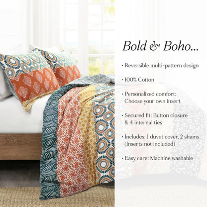 Lush Decor Bohemian Stripe Reversible Cotton Duvet Cover Set, 3 Piece Set, Full/ Queen, Turquoise & Orange - Striped Bedding Set - Queen Duvet Cover Full - Boho Decor