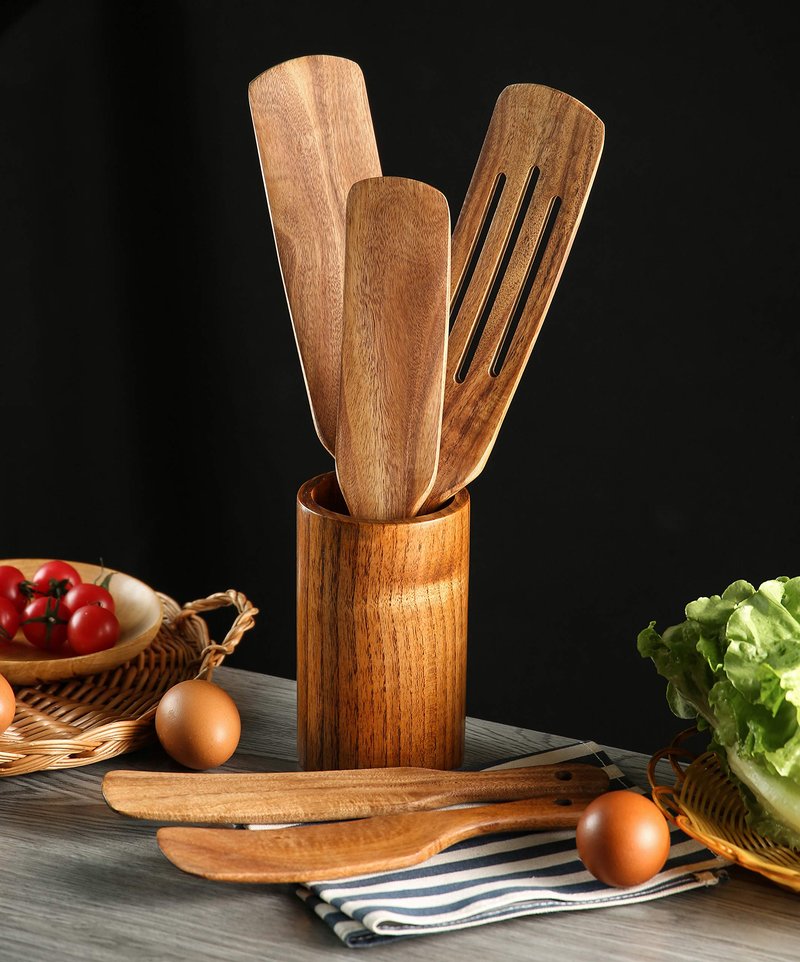 NAYAHOSE Wooden Spurtles Set with Holder, Natural Teak Kitchen Utensil Set of 6, Heat Resistant Non Stick Wood Cookware with Hanging Hole, Wood Spurtles Spatula Sets for Stirring, Mixing, Serving