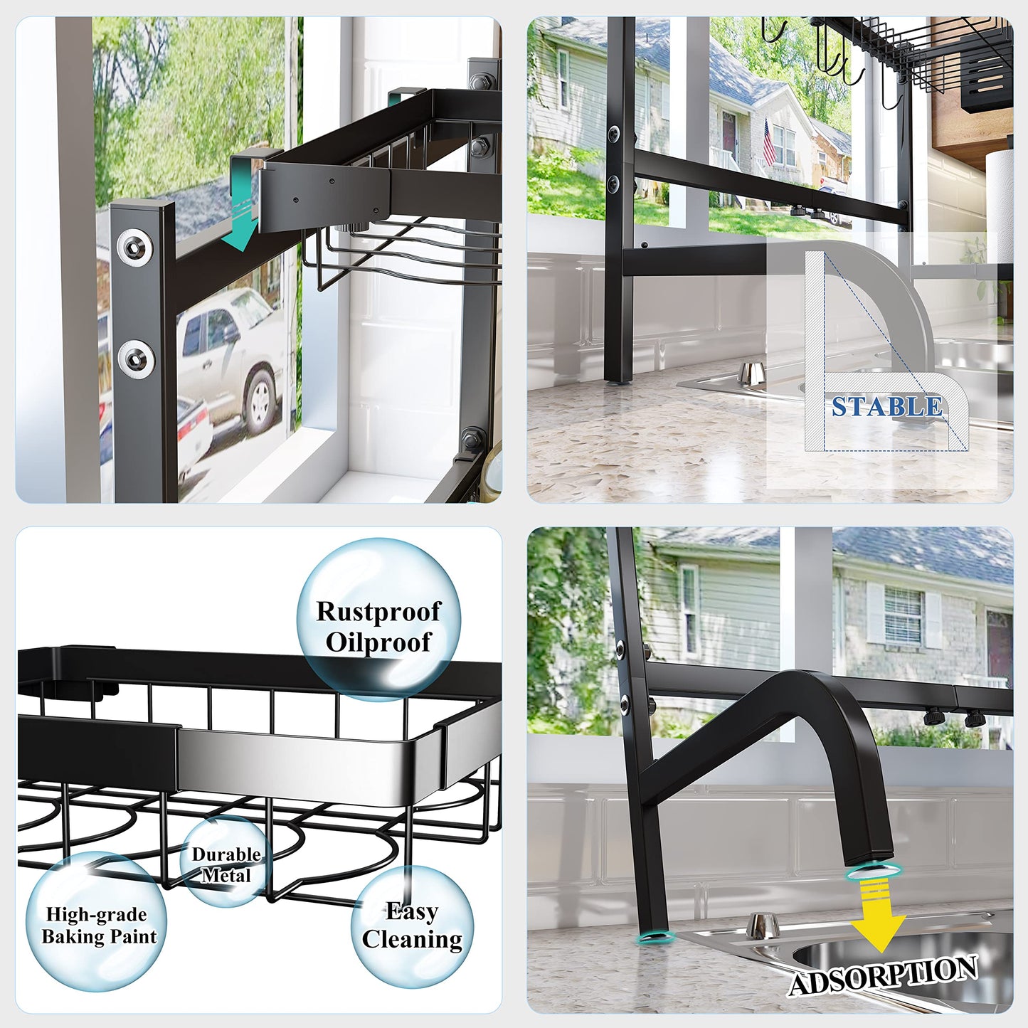 Over The Sink Dish Drying Rack, Adjustable (25.5 to 33.5 inch) 2 Tier Metal Steel Dish Drying Racks for Kitchen Counter with Hooks Paper Towel Utensil Cup Holder Sink Caddy (Black)