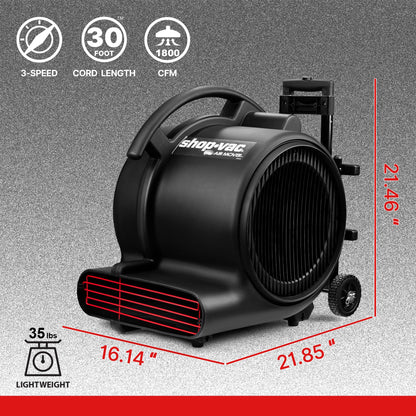 Shop-Vac 5430214 1800 CFM Floor Fan, 3-Speed Air Mover, Blower Fan Heavy Duty Stackable, for Home Commercial, and Janitorial Use