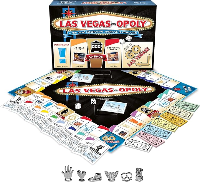 Late for The Sky Las Vegas-Opoly Property Trading Board Game – Vegas Theme Family Party Game for 2-6 Players Ages 8+ Tokens Dice Cards City Blocks and Keys to The City